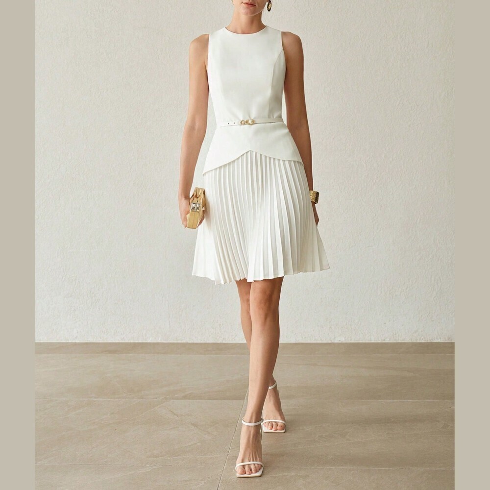 Ivory Sleeveless Belted Peplum Pleated Skirt Mini Dress